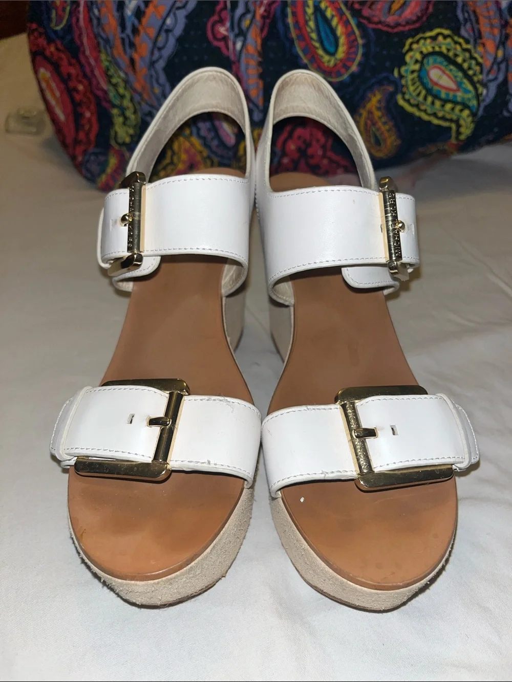White Michael Kors Buckle Platform Sandals - Women's